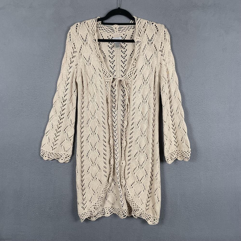 Chico's Cardigan Sweater Womens 0 Small Beige Crochet Open Knit Tie Lightweight